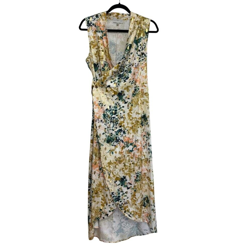 Never Fully Dressed Zsu Zsu Gold Foil and Green Sleeveless Wrap Dress - US 4